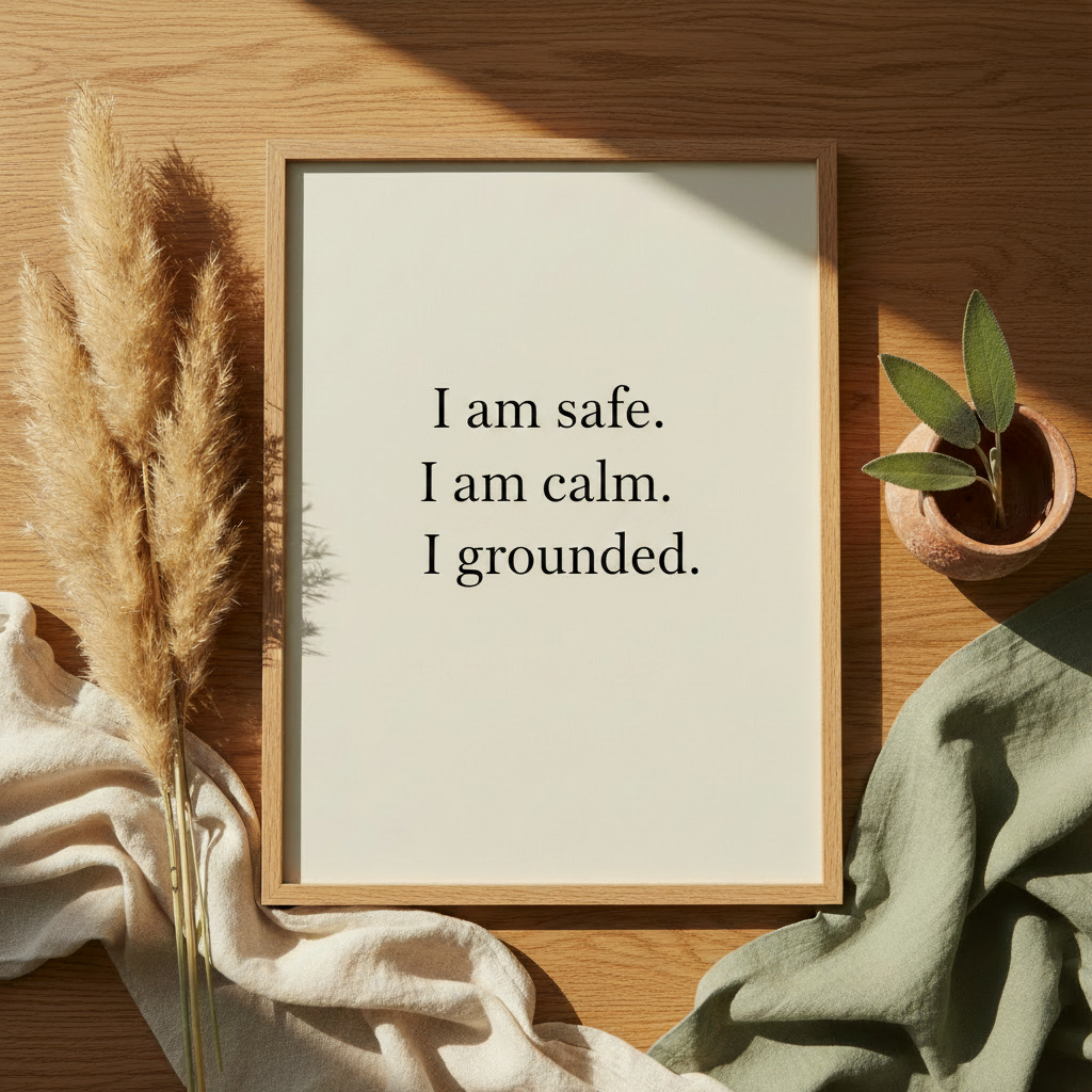 Framed affirmation poster on a warm wooden desk styled with pampas grass and terracotta pot, reading I am safe I am calm I am grounded